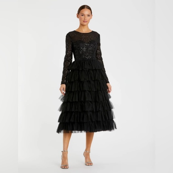 Mac Duggal 26299 NWT Long Sleeve Ruffle Tiered Midi Dress - Picture 1 of 16